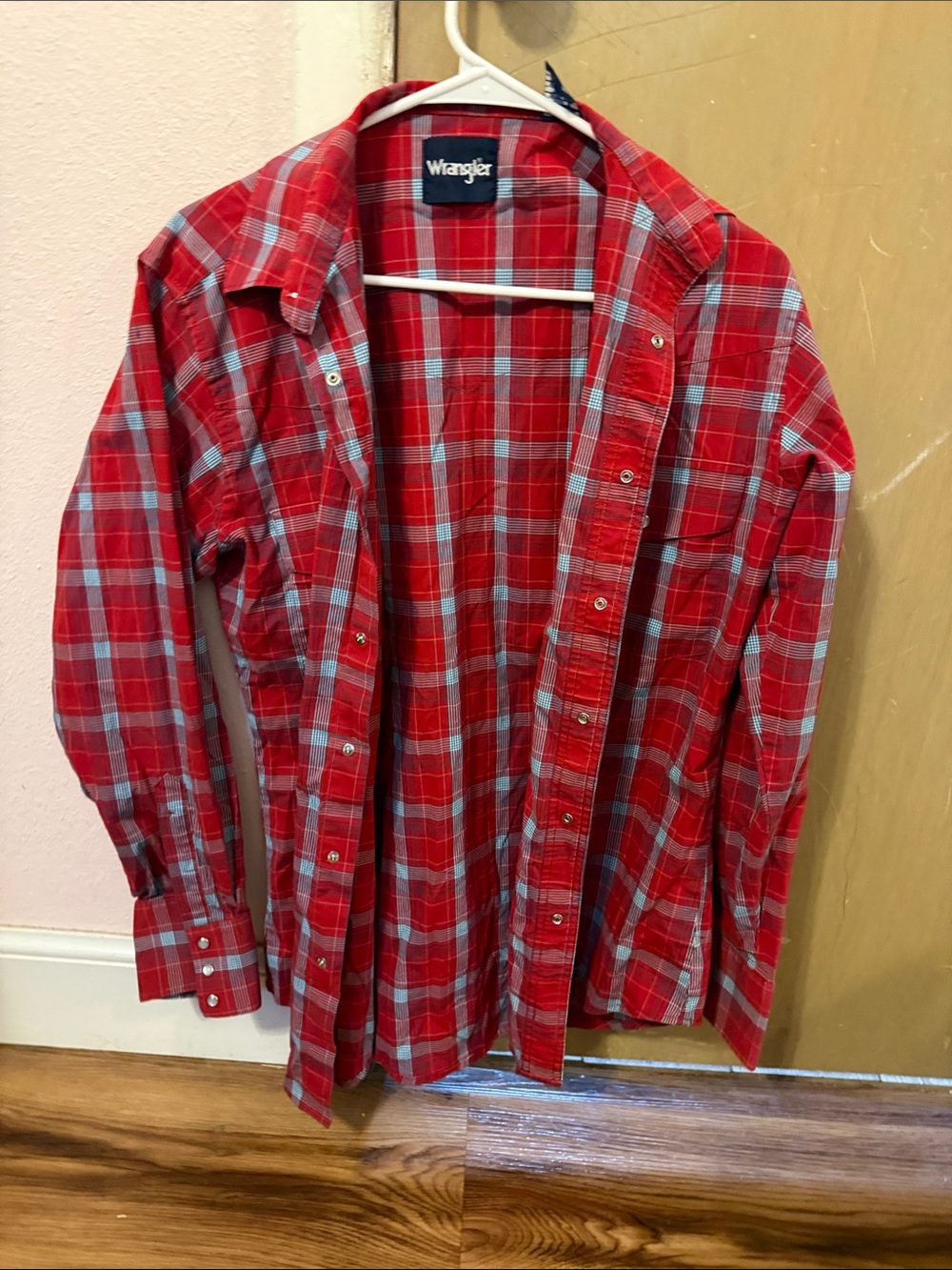 Wrangler Red and Light Blue Plaid Button-Down Shirt